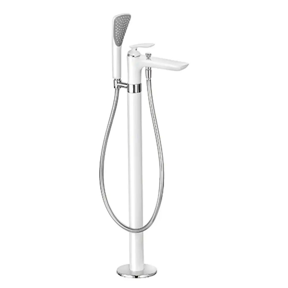 Standmischer in Weiß und Chrom von Kludi mit separatem Brausekopf, Flexschlauch und auslaufendem Wasserhahn, geeignet für Badewannenmontage.